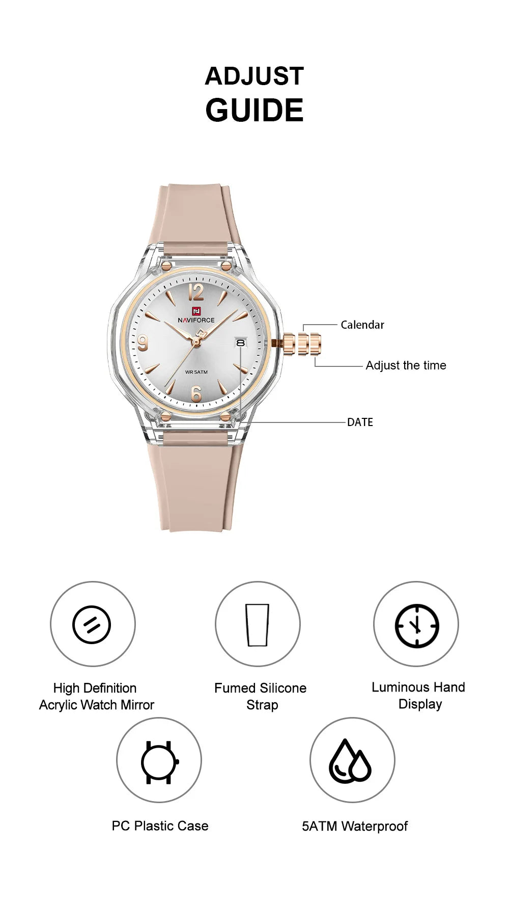 NAVIFORCE Women's 5ATM Night Glow Silicone Watch