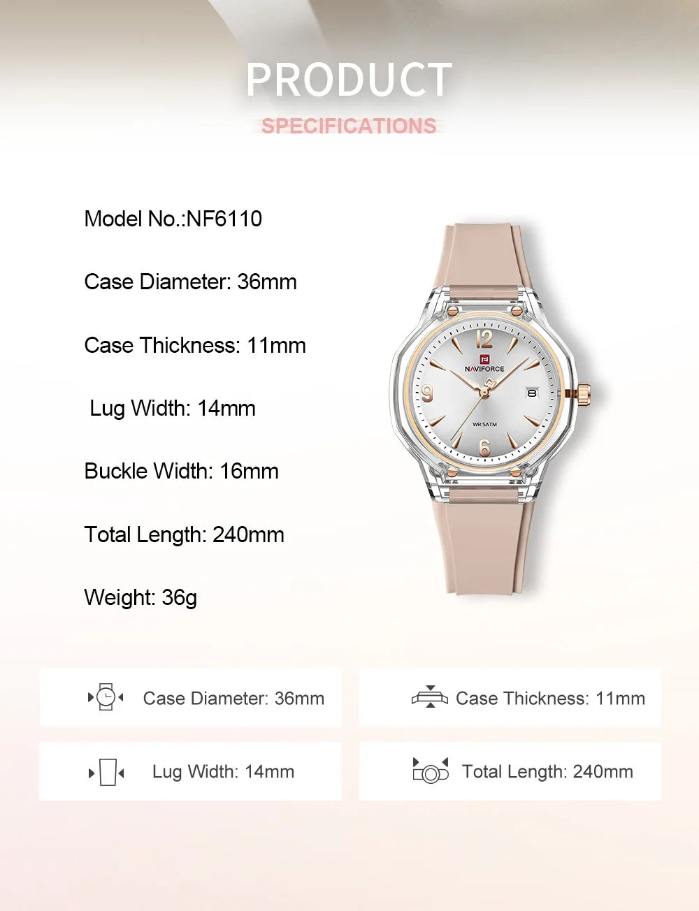 NAVIFORCE Women's 5ATM Night Glow Silicone Watch
