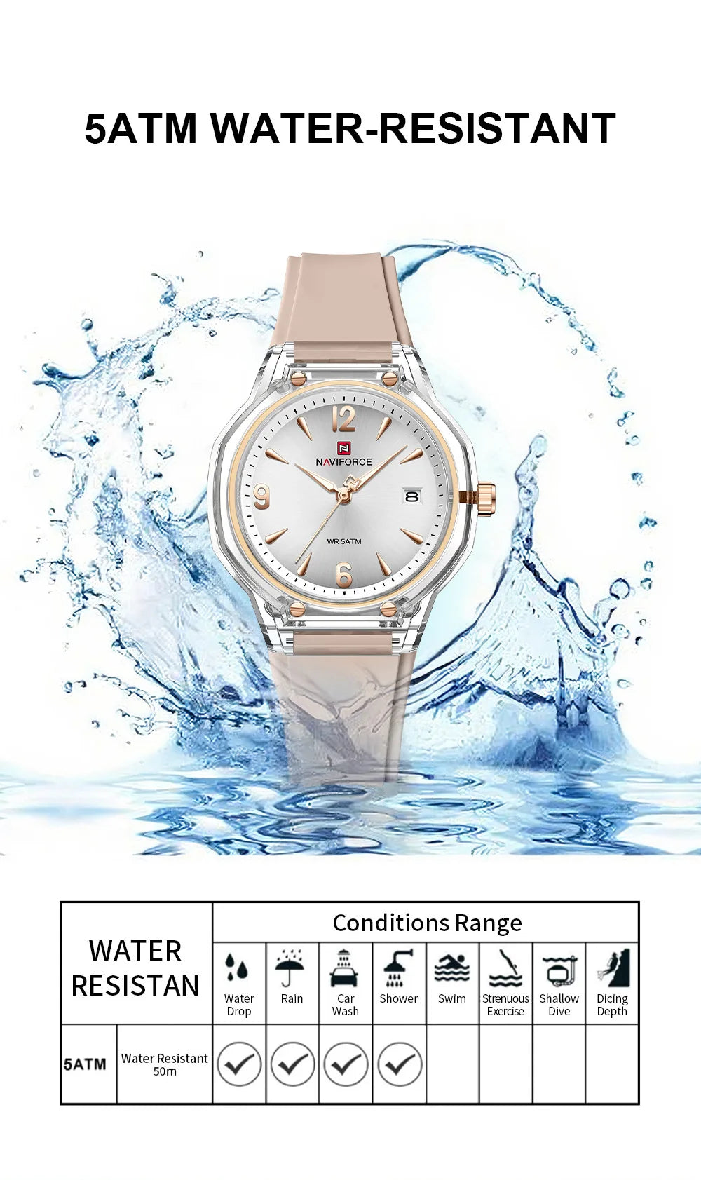 NAVIFORCE Women's 5ATM Night Glow Silicone Watch